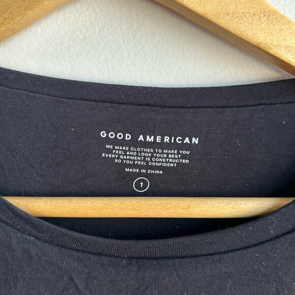 Good American Ruched Midi Dress Womens Size 1 Black Round Neck Long Sleeve NWT - Picture 3 of 8